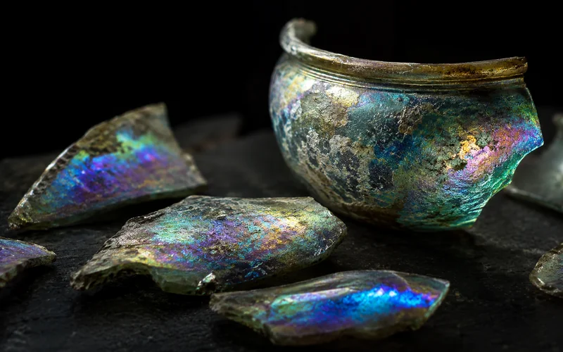 Iridescent ancient glass vessel fragments — illustrative