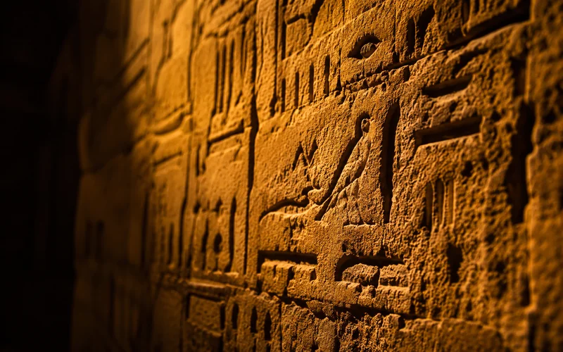 Carved hieroglyphs in weathered sandstone — illustrative