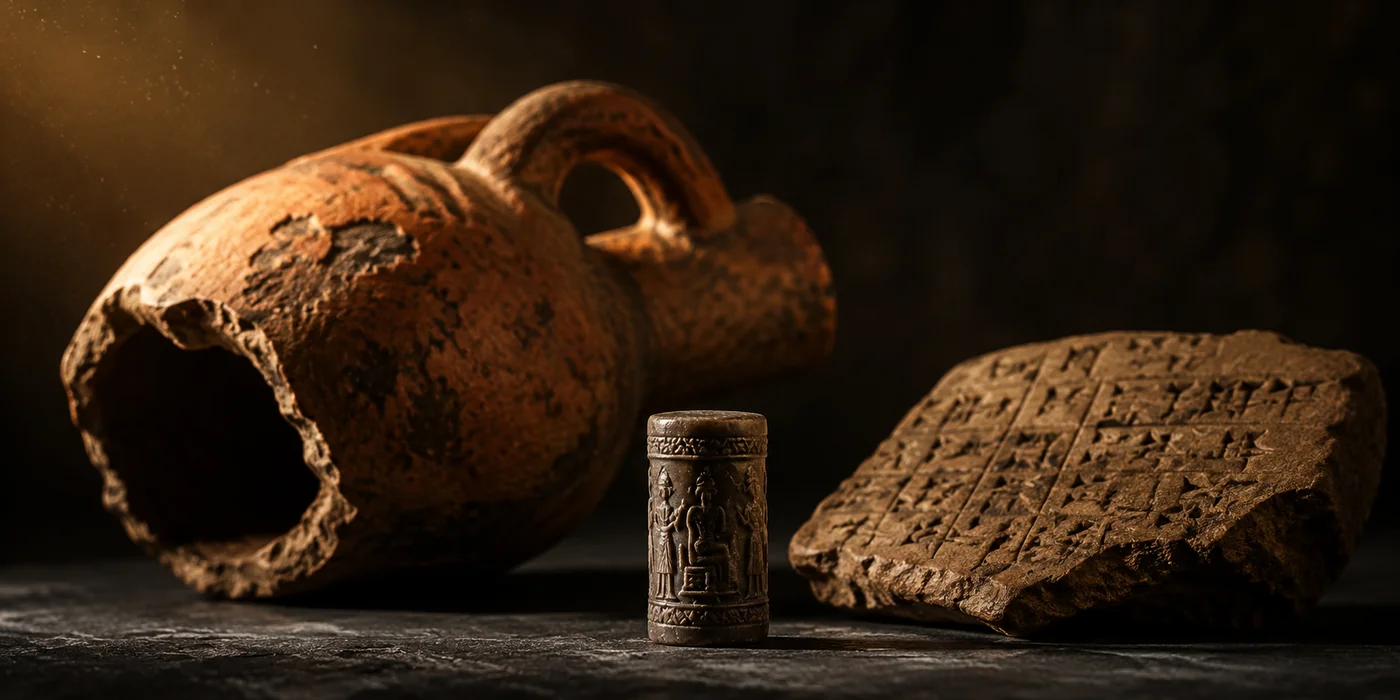 Ancient amphora, cylinder seal, and cuneiform tablet — illustrative
