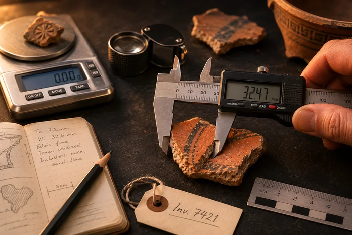 Artifact identification workspace with caliper, scale, loupe, and notebook — illustrative