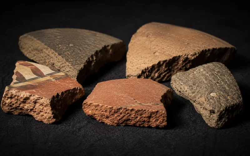 Collection of ancient pottery sherds with various fabrics — illustrative