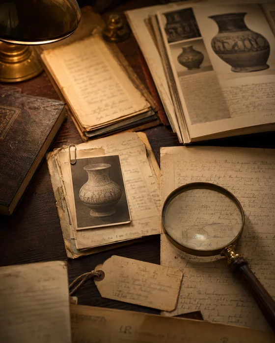 Provenance research desk with documents, photographs, and magnifying glass — illustrative